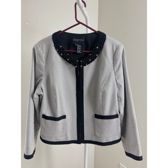 Etcetera Jackets & Blazers - ETCETERA Black White Beaded Pearl Neck Check Cropped Jacket Blazer Size 16